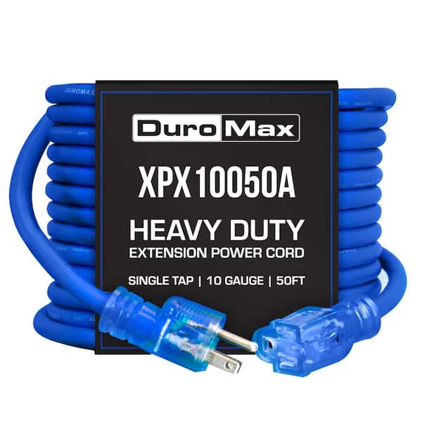 DUROMAX 50 ft. 10/3 SJEOOW 15 Amp 120-Volt 1875-Watt Indoor/Outdoor -58° F - 221° F Triple Tap Blue Lighted Extension Power Cord