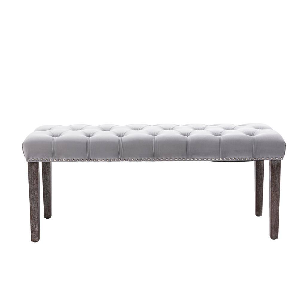 Aoibox 45 in. Light Gray Upholstered Tufted Bench, Velvet Ottoman for