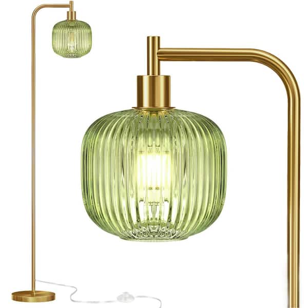 Rottogoon 67in Gold Paint Standing Lamp, Arc Floor Lamp for Living Room with Green Ribbed Glass Shade Pedal Switch ST58 Bulb