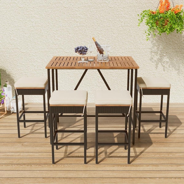 Runesay 5-Piece Acacia Wood Outdoor Dining Set with Four Bar Stools, One Rectangle Table and Beige Cushions