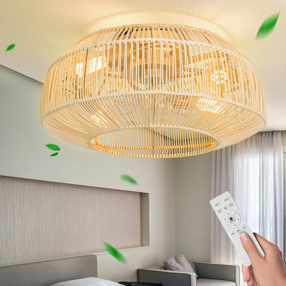 20 in. Indoor 4-Lights Gold Rattan Ceiling Fan with Light and Remote, Flush