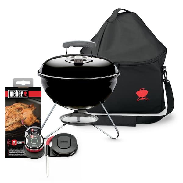 Weber Smokey Joe 14 in. Portable Charcoal Grill in Black with Grill Cover Bag and iGrill Mini Thermometer