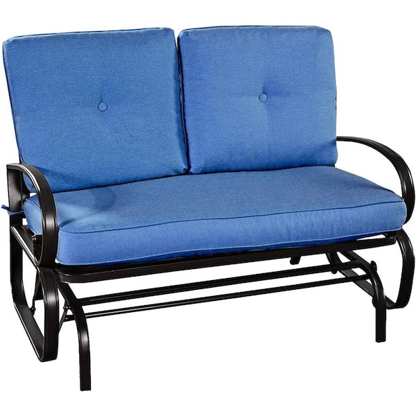 SUGIFT 2-Person Metal Outdoor Glider with Blue Cushion