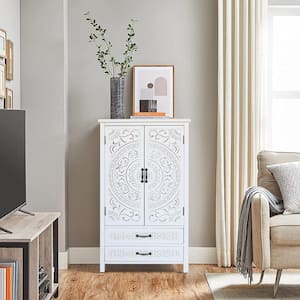 White 27 in. Tall Tower Storage Cabinet-Rustic Wood Pantry Sideboard with 2 Doors & 2 Drawers, Versatile Buffet Cabinet