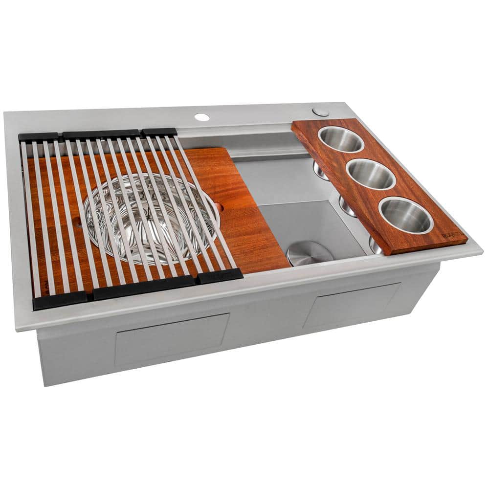 40-Inch Stainless Steel Workstation Sink with Three Bowls and Wood Platform