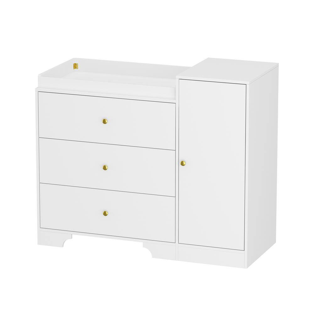 White Wooden Changing Table, Nursery Dresser Storage Organizer, Diaper Changing Table Dresser with 3 Drawer & Cabinet