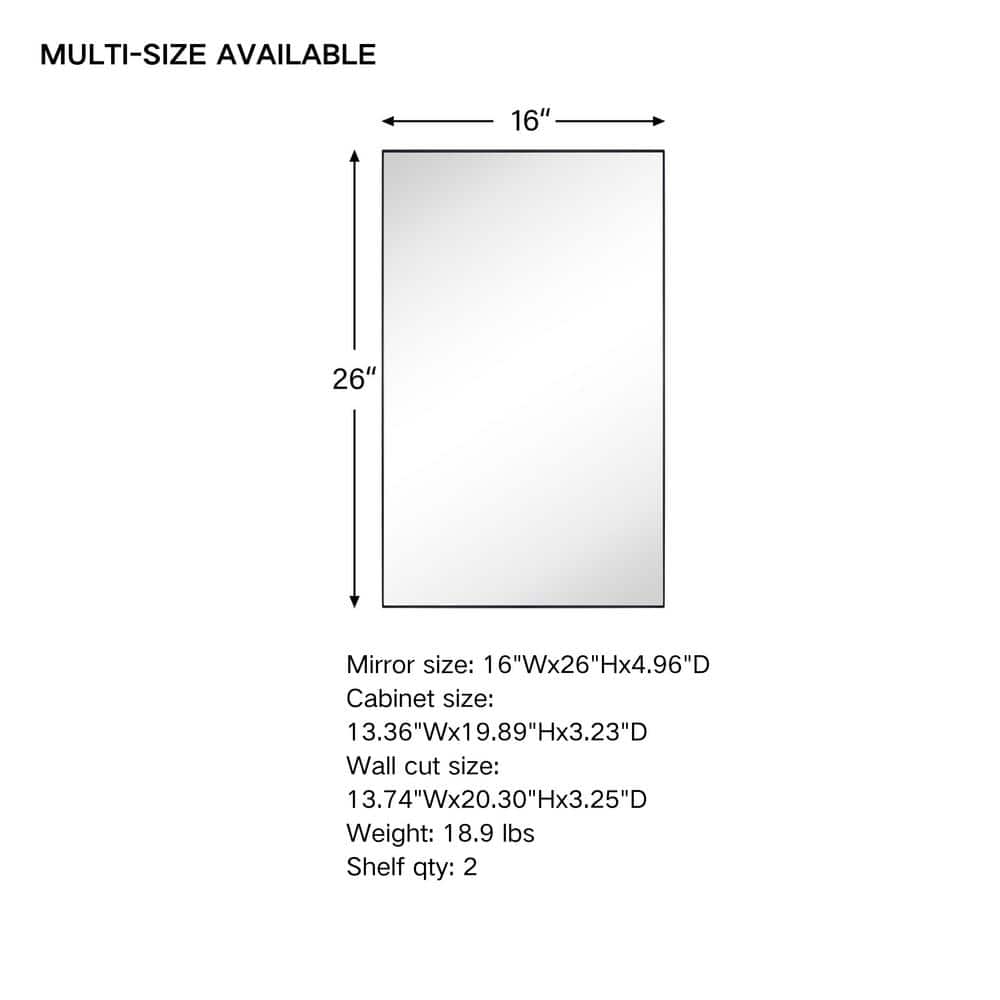 16'' x 26'' Black Metal Framed Medicine Cabinet with Mirror