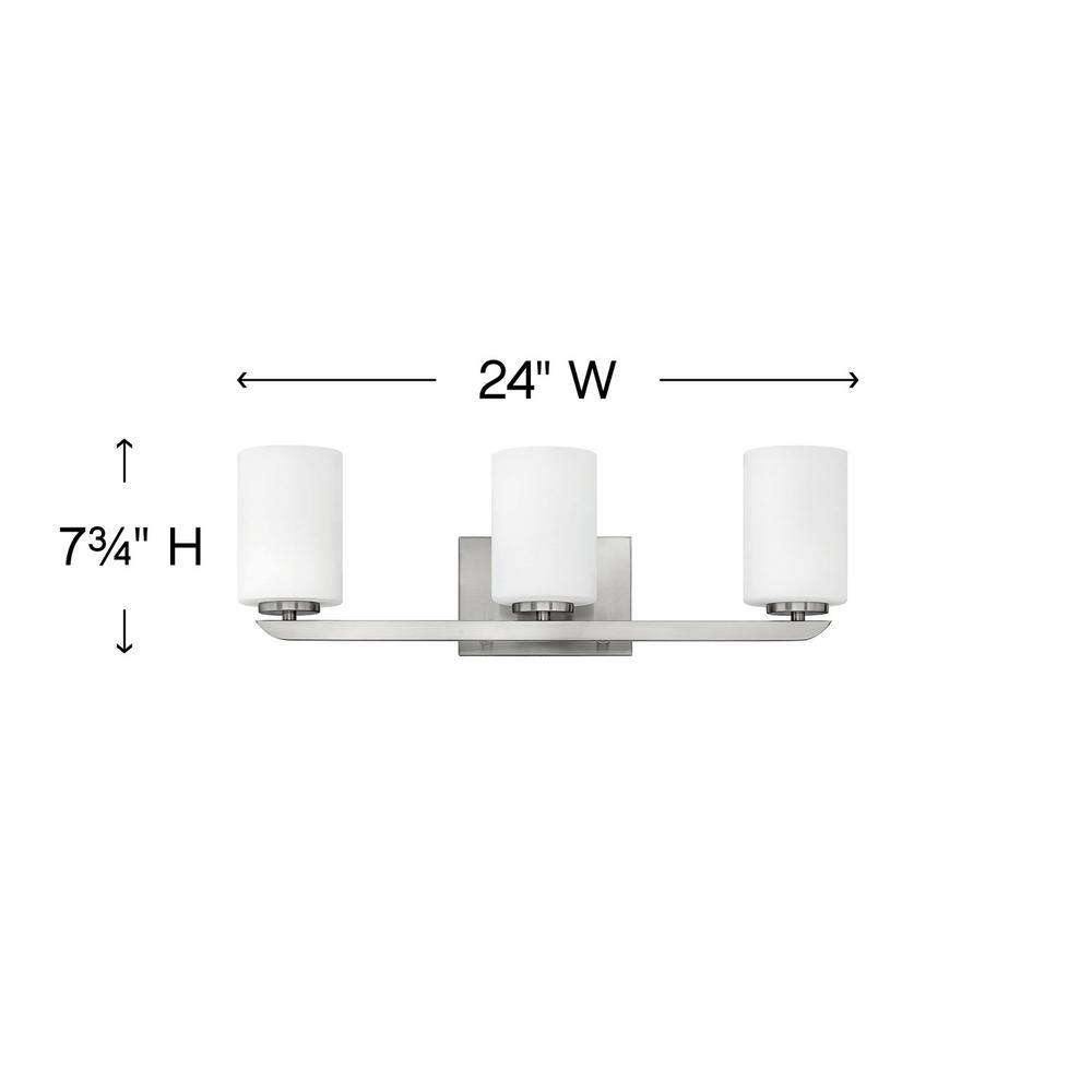 Brushed Nickel 3-Light Dimmable Vanity Fixture with Etched Opal Glass Shades