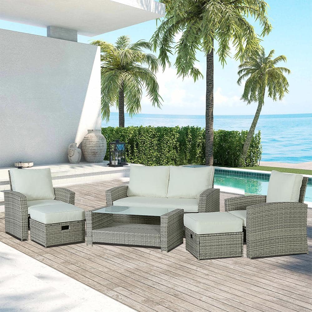 6-Piece Gray Wicker Outdoor Sectional Set with Beige Cushions and Coffee Ta