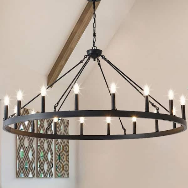 18-Light Matte Black Wagon Wheel Chandelier,53.15 in.Adjustable Ceiling Light for Dining Room,Living Room(No Bulbs)-E12
