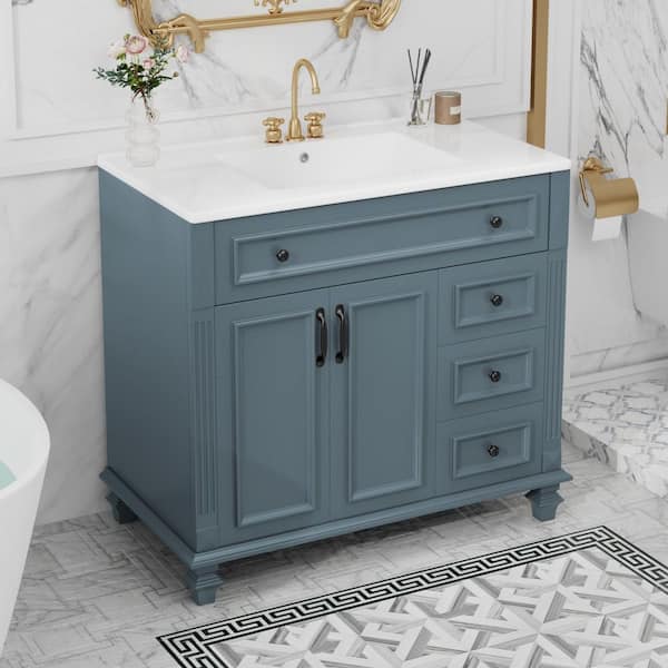 36 in. Single Sink Freestanding Blue Gray Bath Vanity with White Ceramic Top and 4 Drawers Storage Cabinet Unassembled