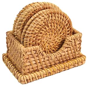 Honey Brown Round Natural Rattan Placemats with Rectangular Holder (Set of 6)