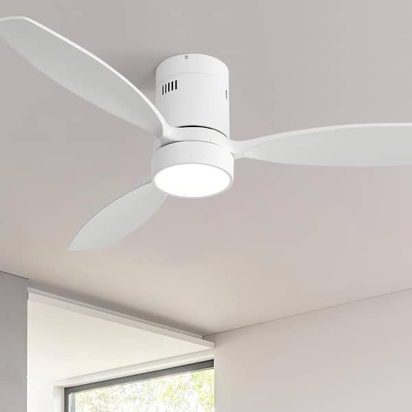 Lasaideal 52 in. White Integrated LED Indoor Low Profile Flush Mount Ceiling Fan with Light Kit and Remote Control