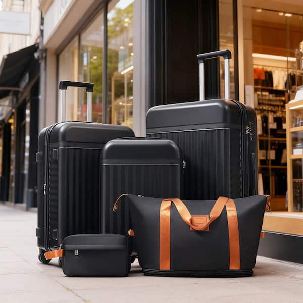 5 Bags 5-Piece Black Expandable ABS Hardshell Luggage Set with Duffel Bag, Toiletry Bag, TSA Lock