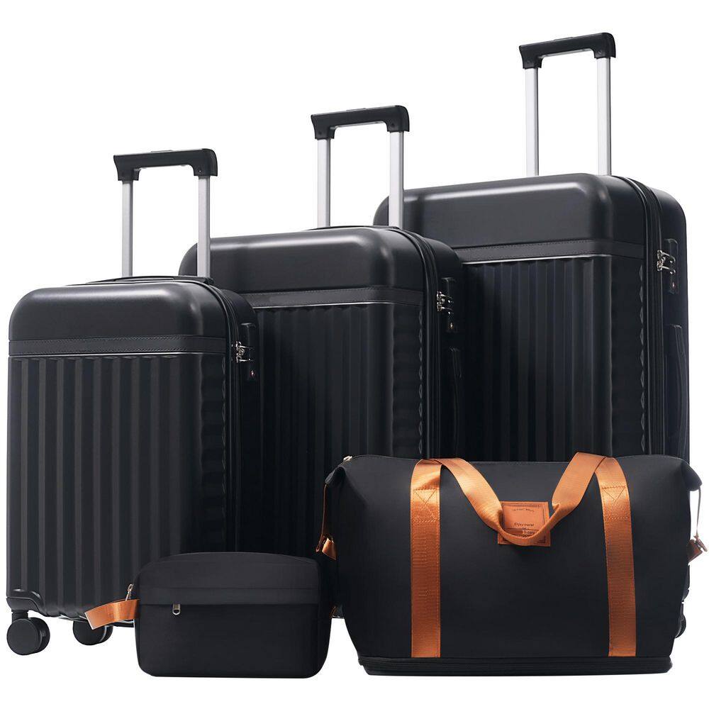 5 Bags 5-Piece Black Expandable ABS Hardshell Luggage Set with Duffel Bag, Toiletry Bag, TSA Lock