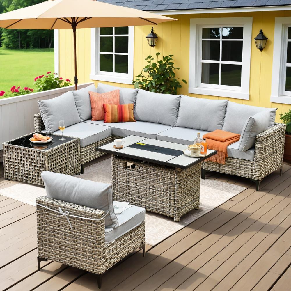 Holston 8-Piece Wicker Modern Outdoor Patio Rectangular Fire Pit Conversation Sofa Set with Light Grey Cushions
