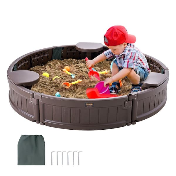Sandbox with Cover, 4 ft. W x 4 ft. L Round Sandbox, HDPE Sand Pit with 3 Corner Seating and Bottom Liner, Kids Sandbox