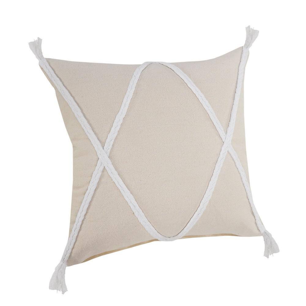 Birch and White Braided Tassel Square Throw Pillow, 20 in.