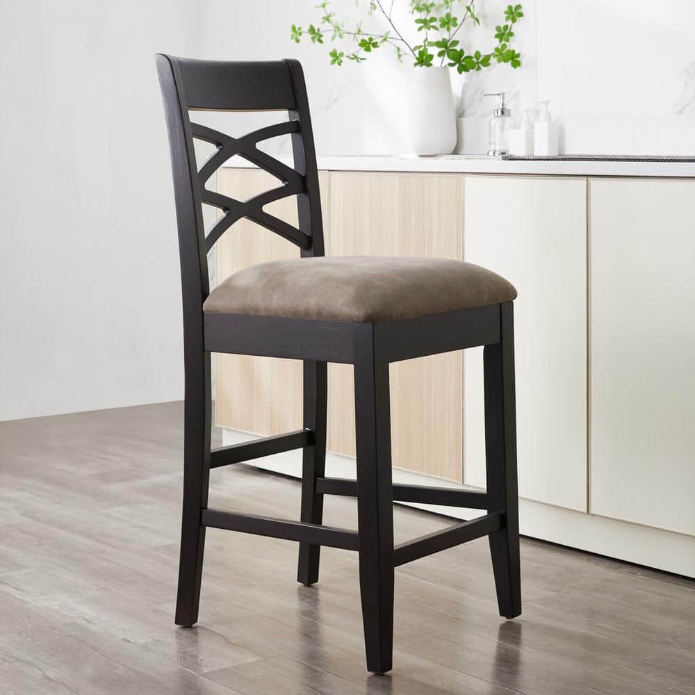 Black Wood Double Crossback Counter Height Stool with Gray Linen Seat