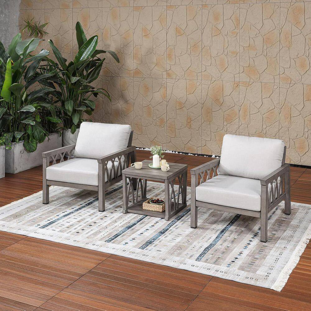 3-Piece Limed Oak Gray Aluminum Patio Conversation Set 2 Armchairs Patio Sofa Chairs and Side Table with White Cushions price history on PriceWatchPro