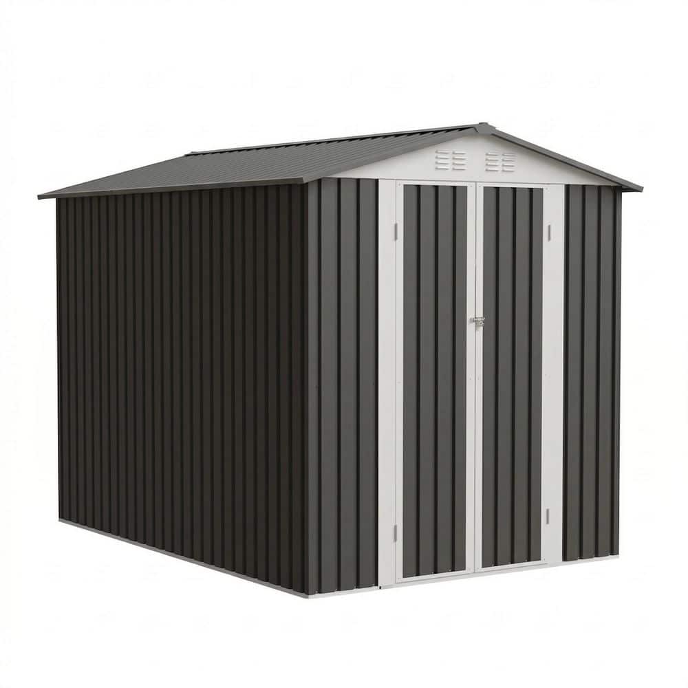 LuckByte 6 ft. W x 9 ft. D Metal Garden Shed with Hinge Door Grey