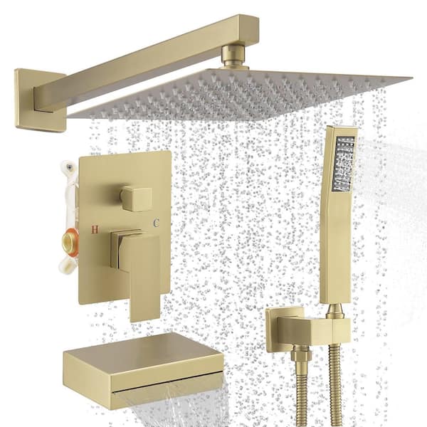 Single Handle 3-Spray Tub and Shower Faucet with 12 in. Shower Head 2.5 GPM with High Pressure in. Gold (Valve Included)