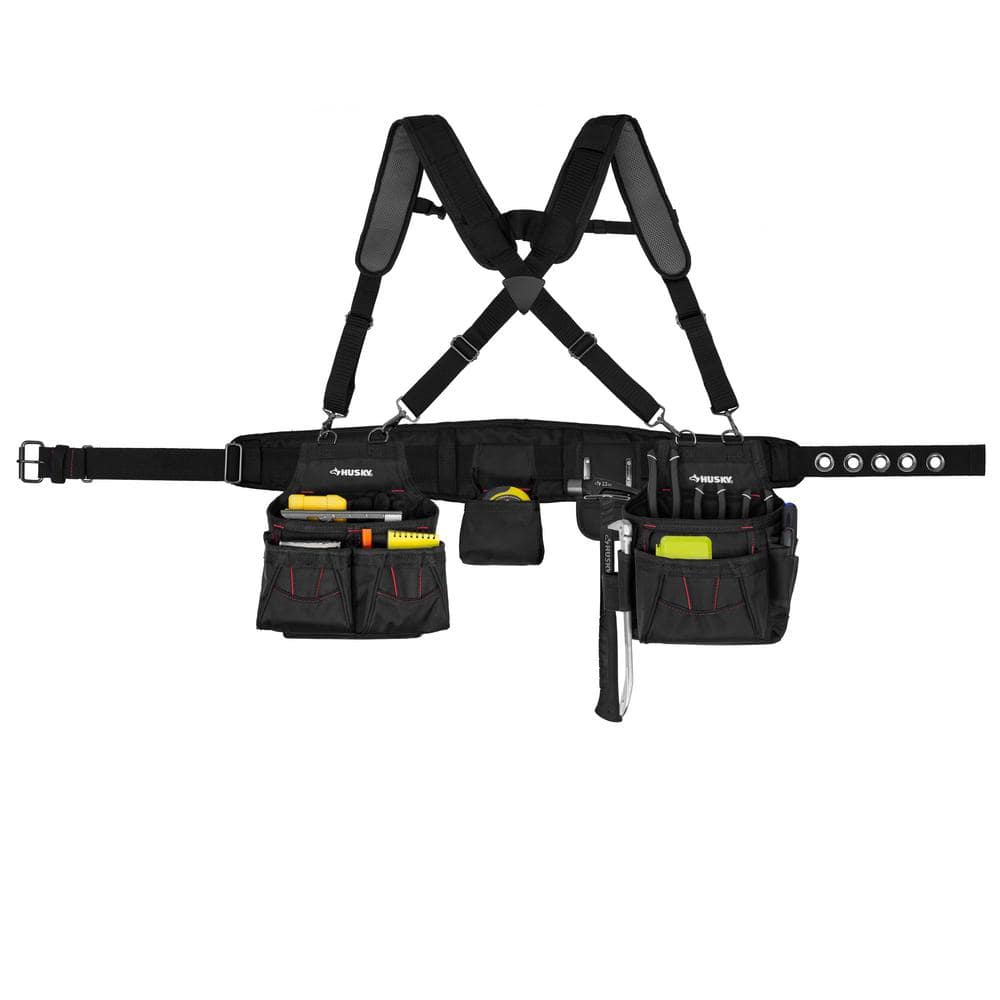 Husky 2-Bag 18 -Pocket Black Framer's Suspension Rig Work Tool Belt with Suspenders