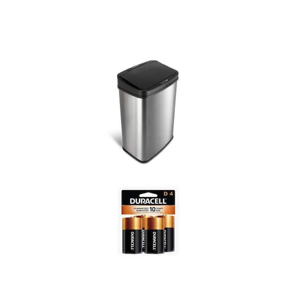 Coppertop D Alkaline Batteries (4-Pack) and 13 Gal. Stainless Steel Touchless Trash Can Combo