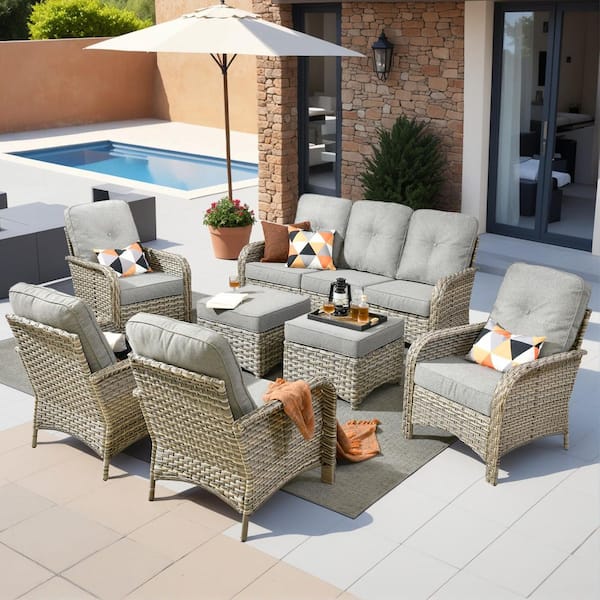 Beverly Gray 7-Piece Wicker Outdoor Patio Conversation Sofa Seating Set with Ottomans and Dark Gray Cushions