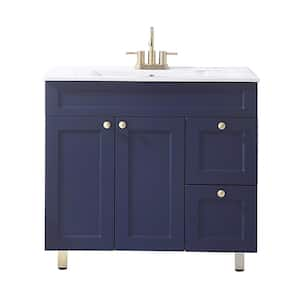 36 in. W x 18 in. D x 33 in. H Single Bath Vanity in Blue with White Ceramic Sink Top