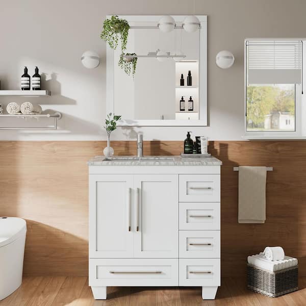 Eviva Loon 30 in. W x 22 in. D x 34 in. H Bathroom Vanity in White with White Carrara Marble Top with White Sink