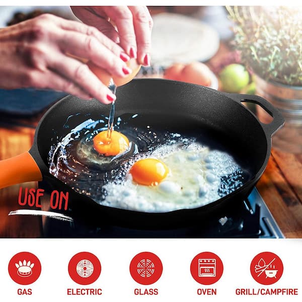 Nutrichef 10inch and 12inch Pre-Seasoned Cast Iron Skillet - Non-Stick Cooking Pan with Assist Silicone Handle (2-Piece Set)