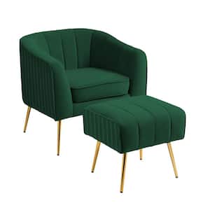 Modern Green Metal Legs Velvet Pleated Design Upholstered Accent Armchair with Ottoman Set (Set of 1)