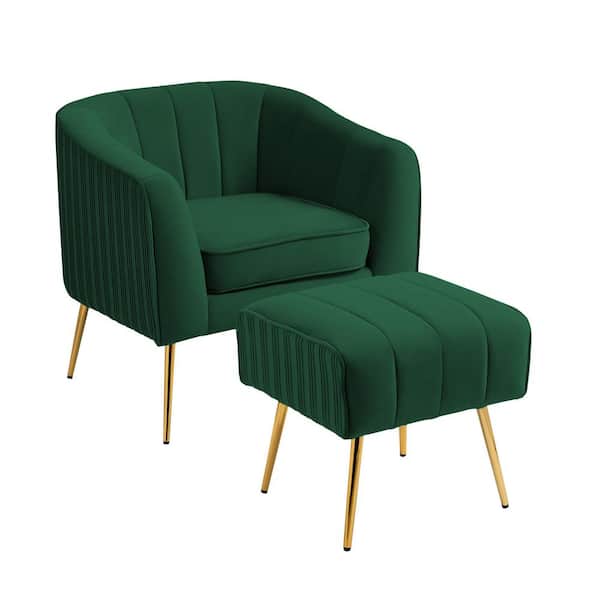 Uixe Modern Green Metal Legs Velvet Pleated Design Upholstered Accent Armchair with Ottoman Set (Set of 1)