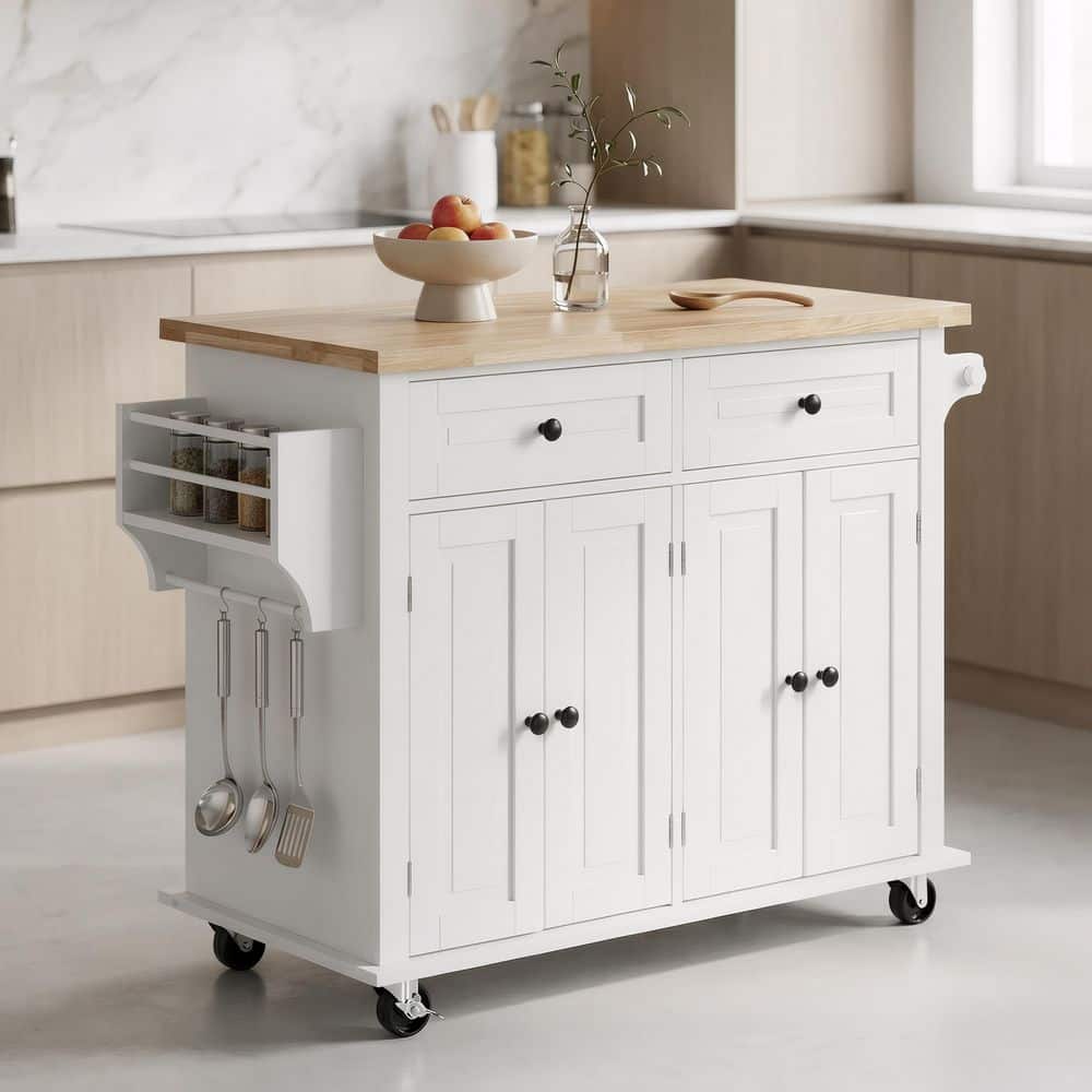White Wood 35.4 in. Kitchen Island with Storage Cabinet and Towel