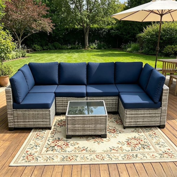 Modern Luxury Series Gray 7-Piece Wicker Patio Conversation Deep Seating Set with Cushion Guard Deep Blue Cushions