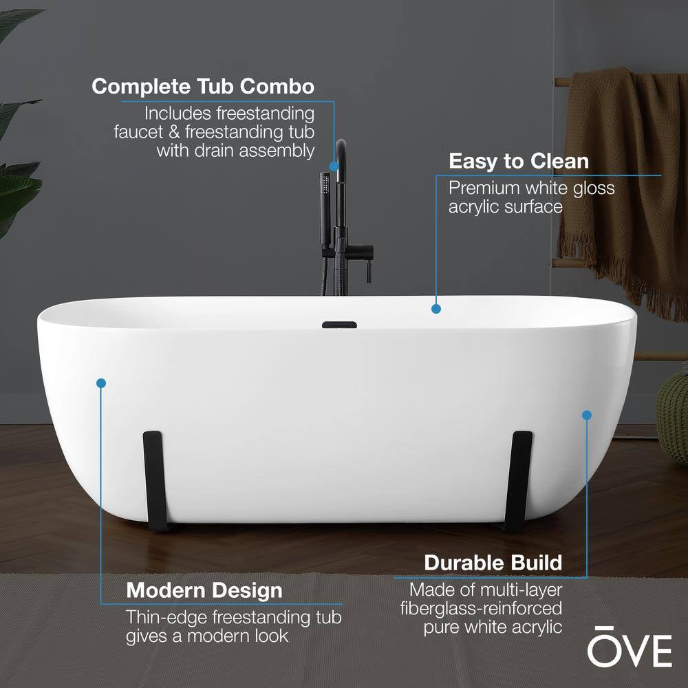 White Acrylic Freestanding Soaking Bathtub with Black Faucet
