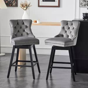 26 in. Grey Velvet Upholstered Solid Wood Legs Bar Height Swivel Bar Stool with Tufted Back (Set of 2)