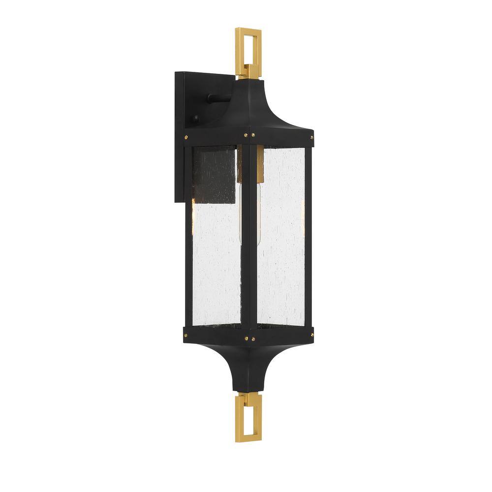 Matte Black and Brass Outdoor Lantern Sconce with Seeded Glass