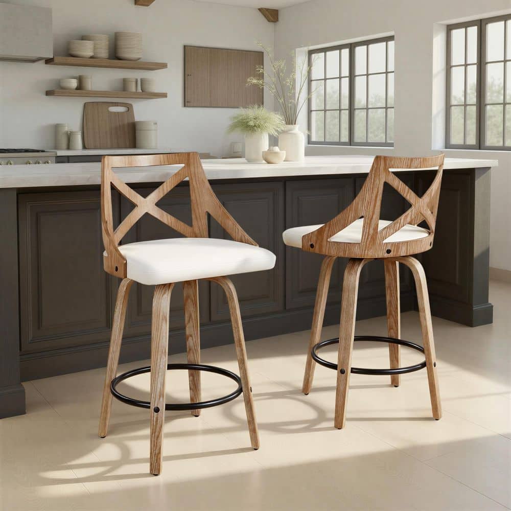Charlotte 37 in. White Faux Leather, Whitewashed Wood and Black Metal Fixed-Height Counter Stool (Set of 2) price history on PriceWatchPro