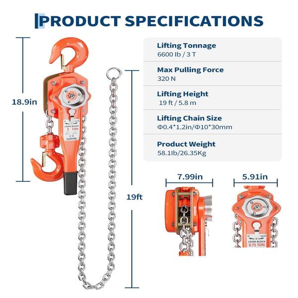 Sunvasagoo Heavy Duty Orange 3 Ton (6600 lbs) 19 ft Lift Manual