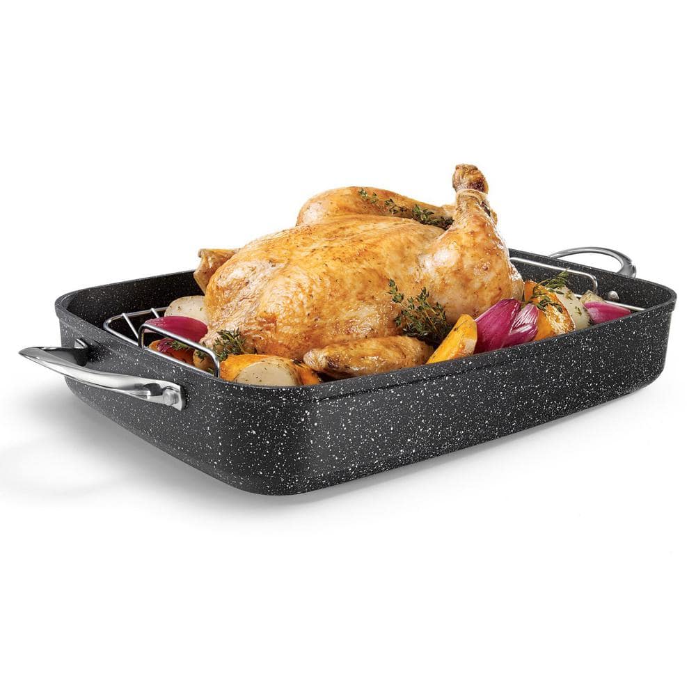Black Non-Stick Aluminum Roasting Pan with Rack and Handles