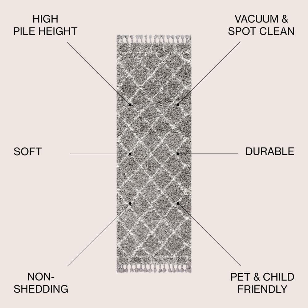 Grey and Cream Moroccan Geometric Trellis Shag Runner Rug