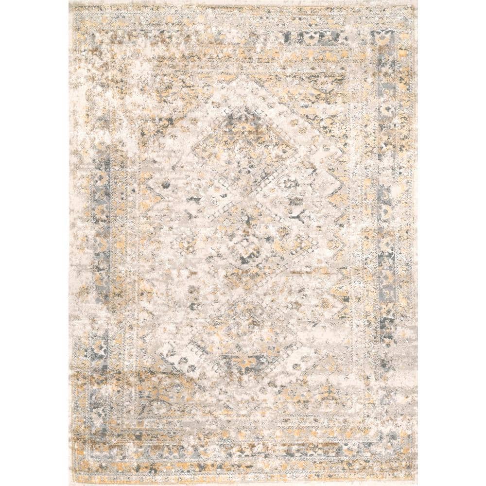 Gold Medallion 5 ft. Square Stain-Resistant Area Rug