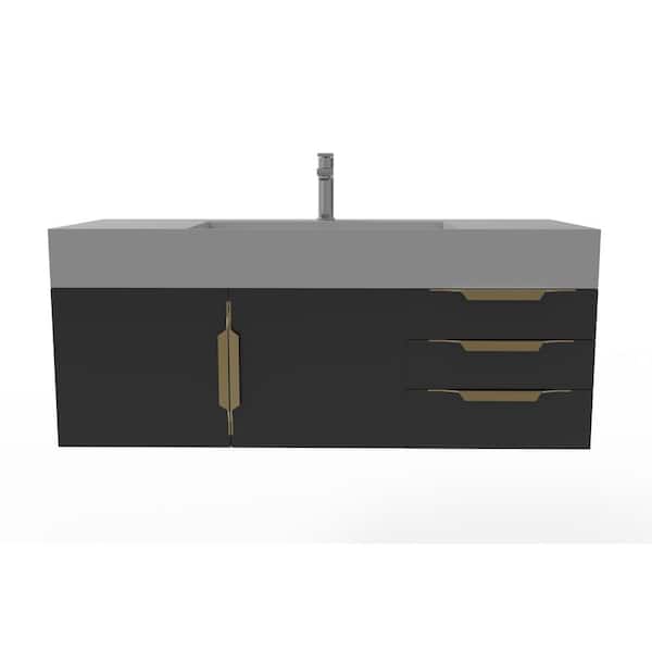 castellousa Maranon 48 in. W x 19 in. D x 19.75 in. H Single Bath Vanity in Matte Black With Gold Trim and Gray Solid Surface Top