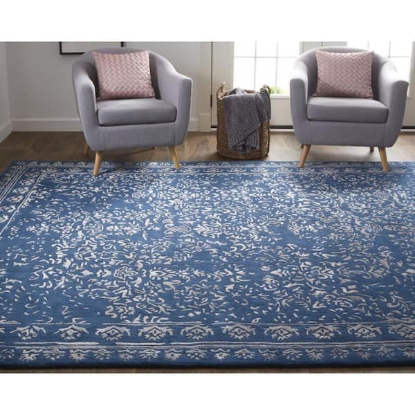 2 ft. x 8 ft. Blue, Silver Floral Area Rug