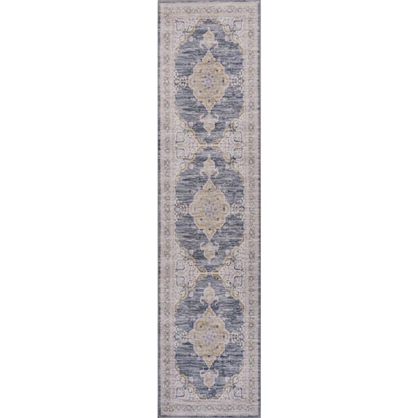 Dark Gray/Yellow 2 ft. x 8 ft. Wincer Chenille Cottage Medallion Machine-Washable Runner Rug