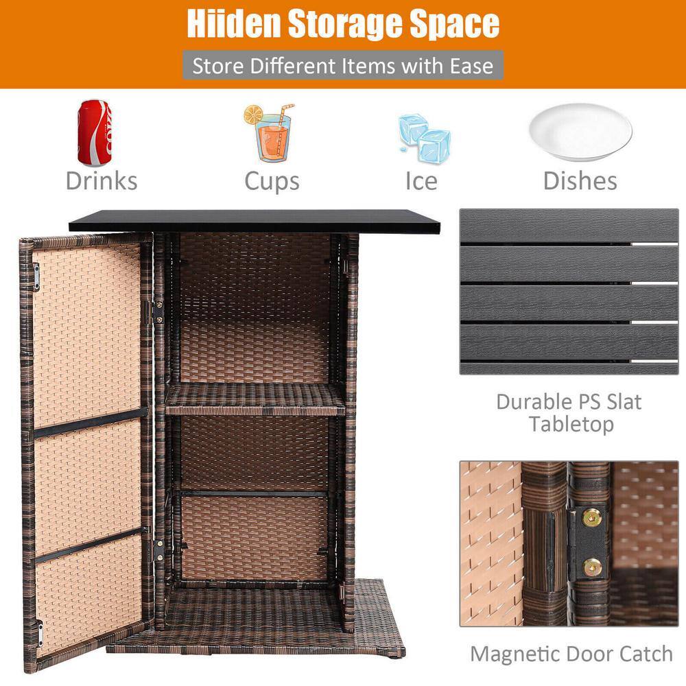 Red Cushioned 5-Piece Brown Wicker Outdoor Bar Set with Storage