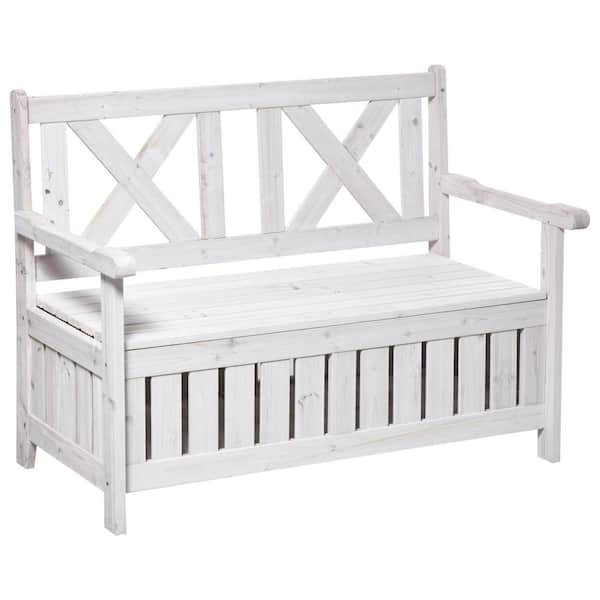 29 Gal. White Wood Outdoor Storage Bench with Armrests and X-Shape Back, for Deck, Porch and Balcony