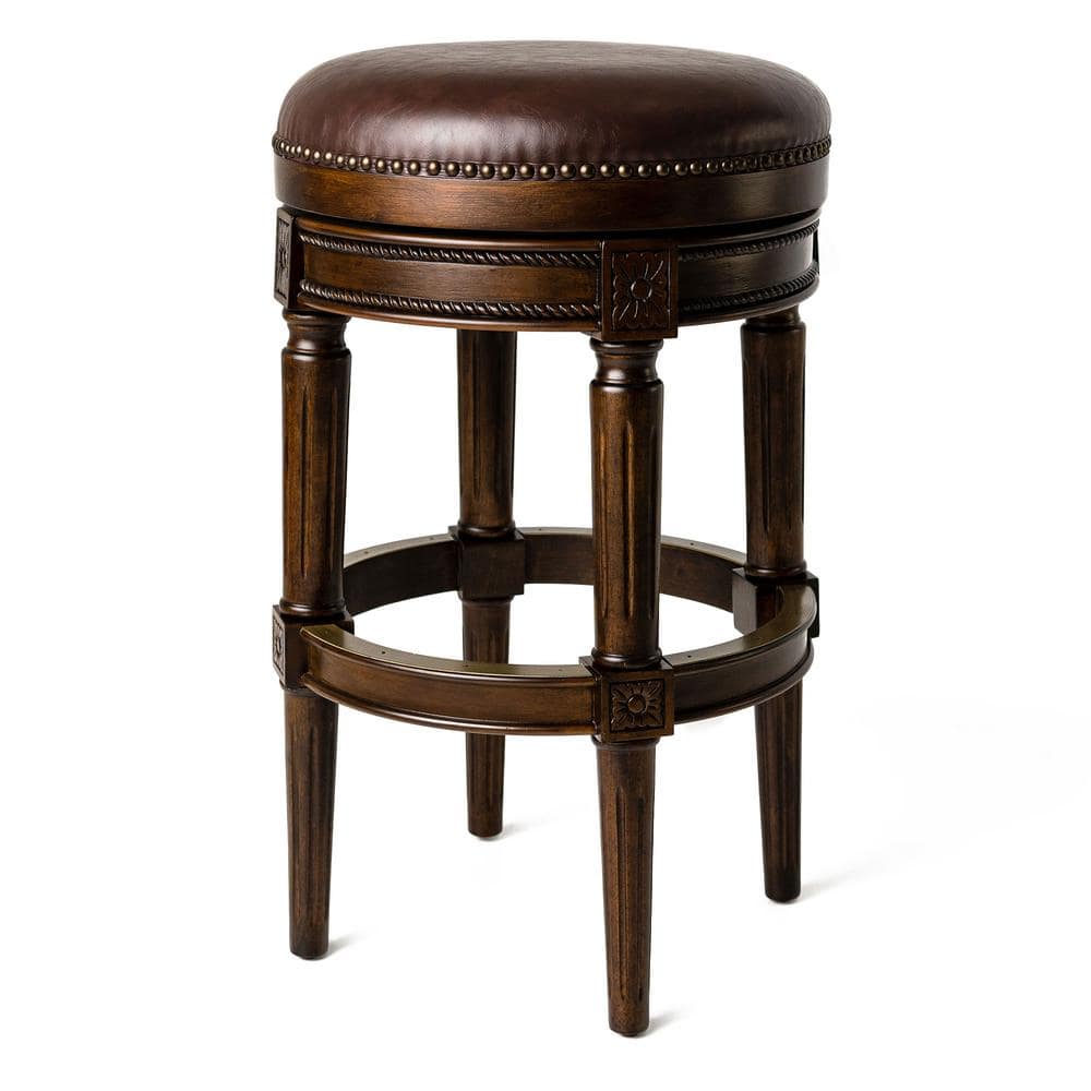 Dark Walnut Backless Swivel Bar Stool with Leather Seat